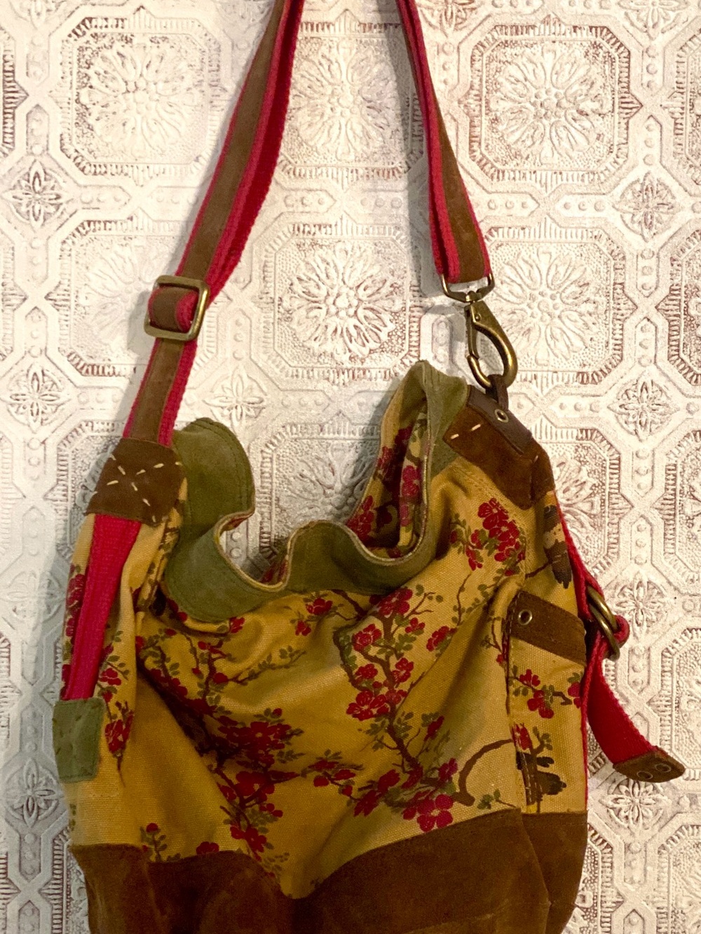 Lucky Brand Mustard Canvas Shoulder Bag with Red Floral Accents